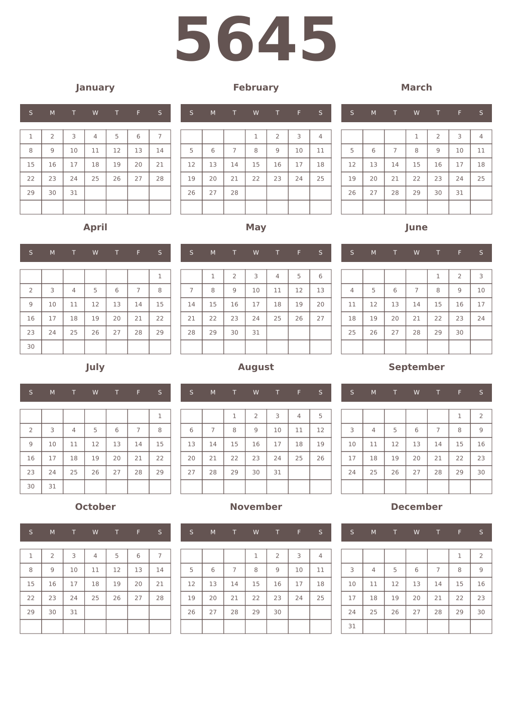 Printable 5645 Year Calendars wenge