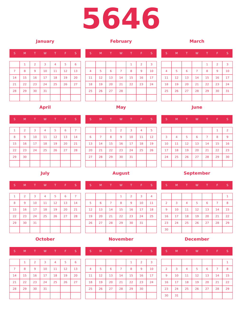Printable 5646 Year Calendars amaranth