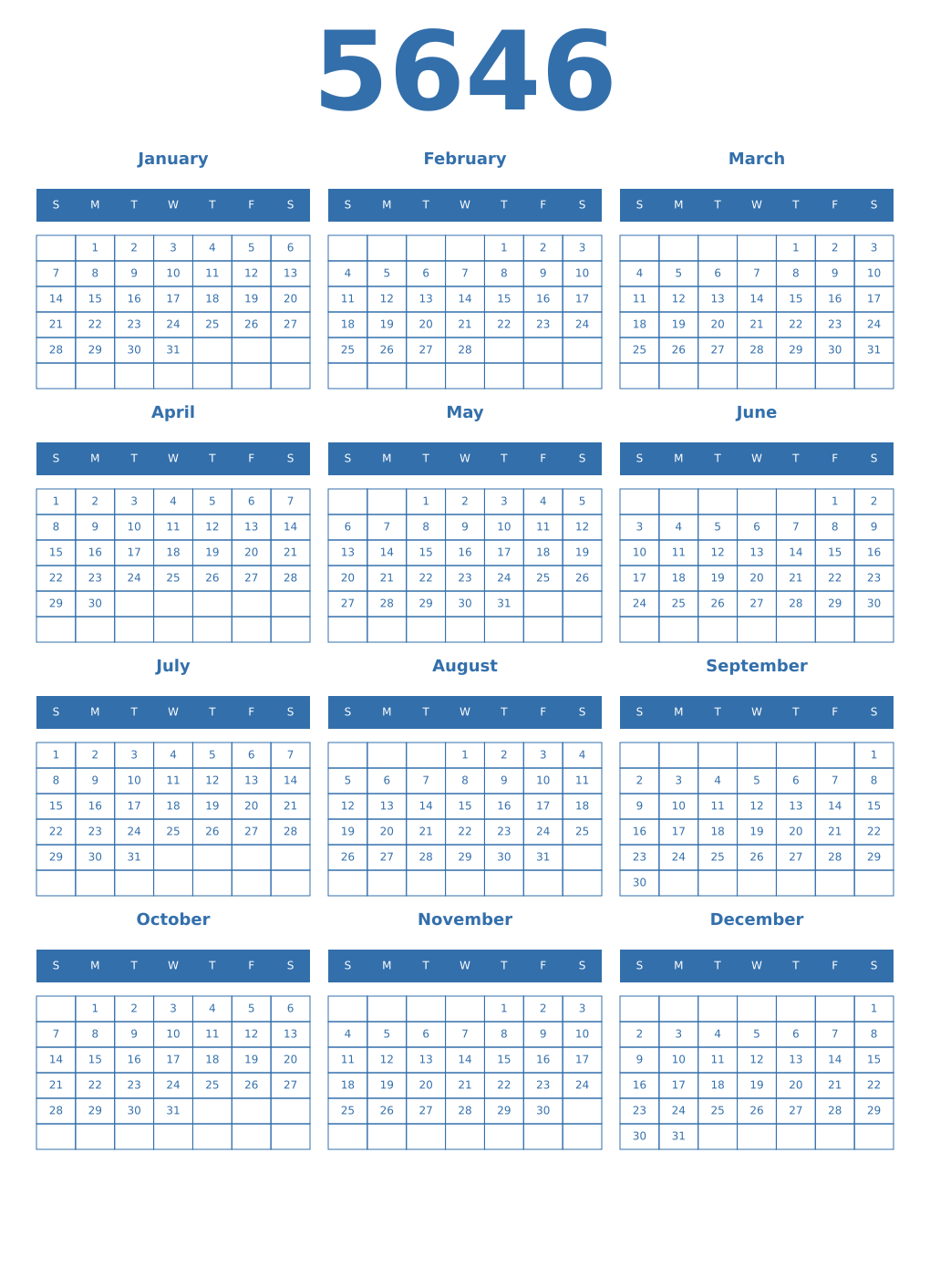 Printable 5646 Year Calendars blue