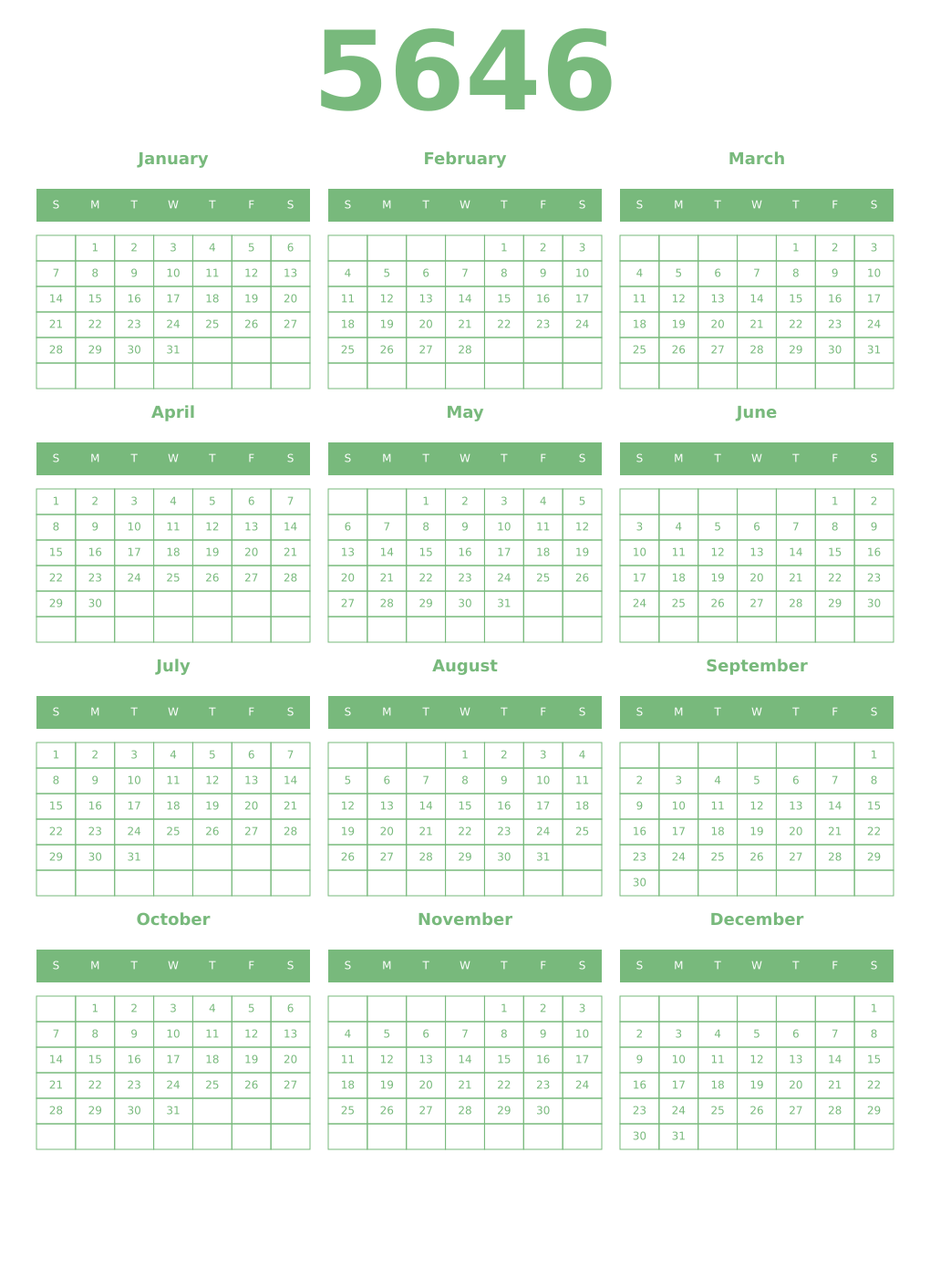 Printable 5646 Year Calendars celadon