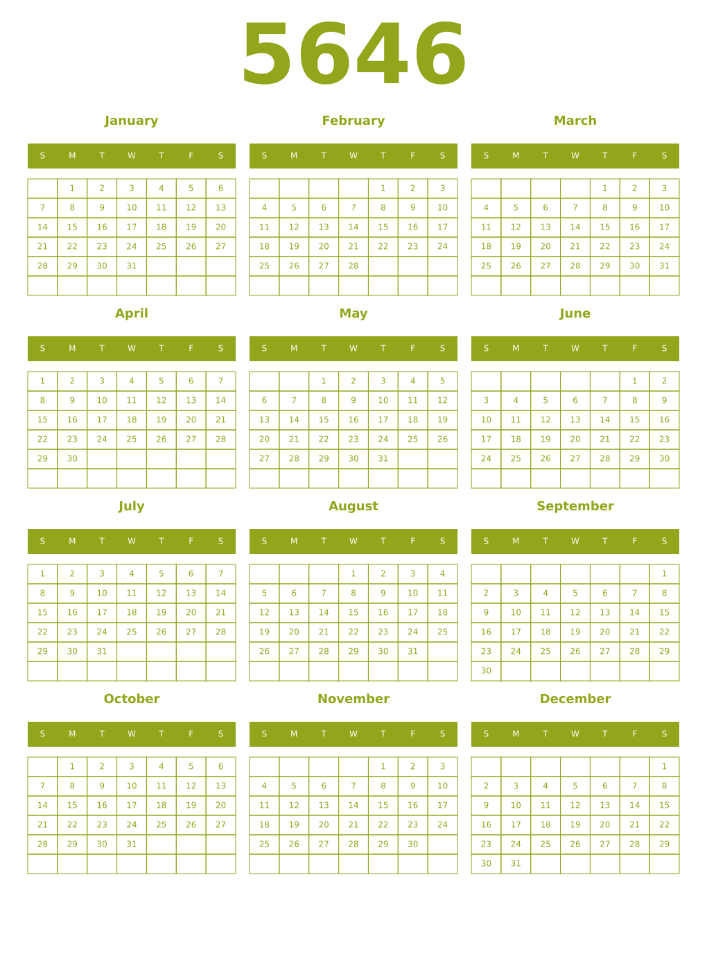 Printable 5646 Year Calendars chartreuse