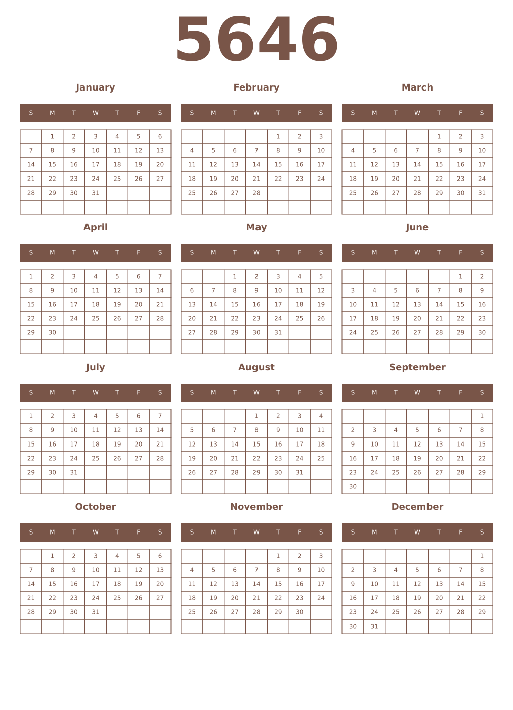 Printable 5646 Year Calendars coffe
