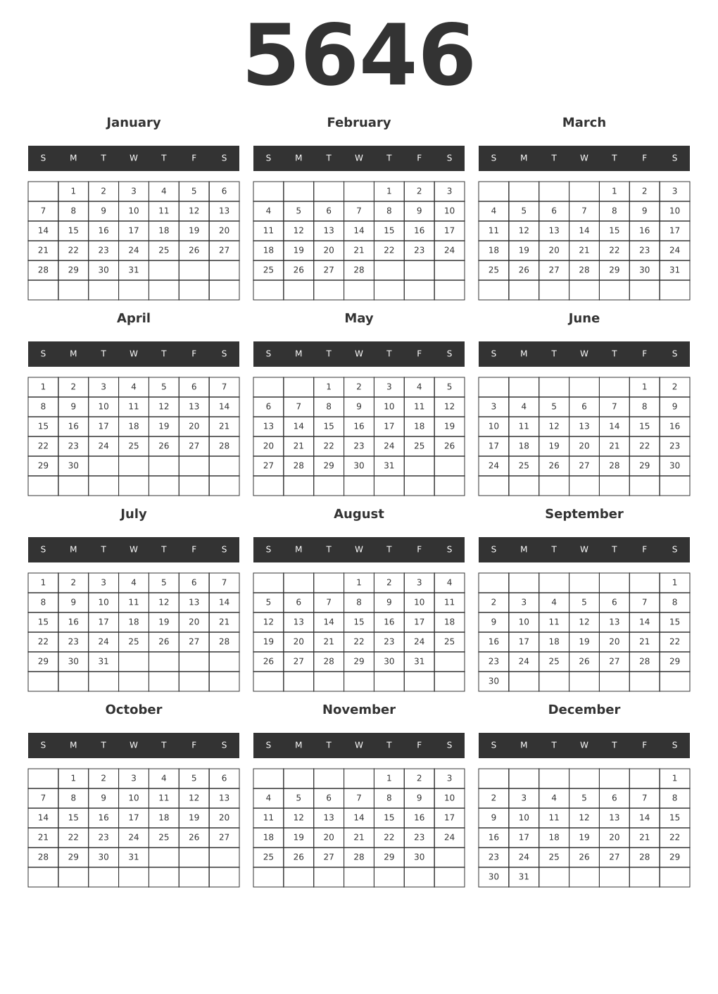 Printable 5646 Year Calendars dark