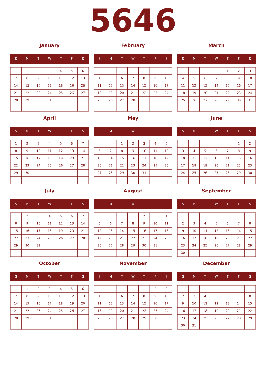 Printable 5646 Year Calendars falu