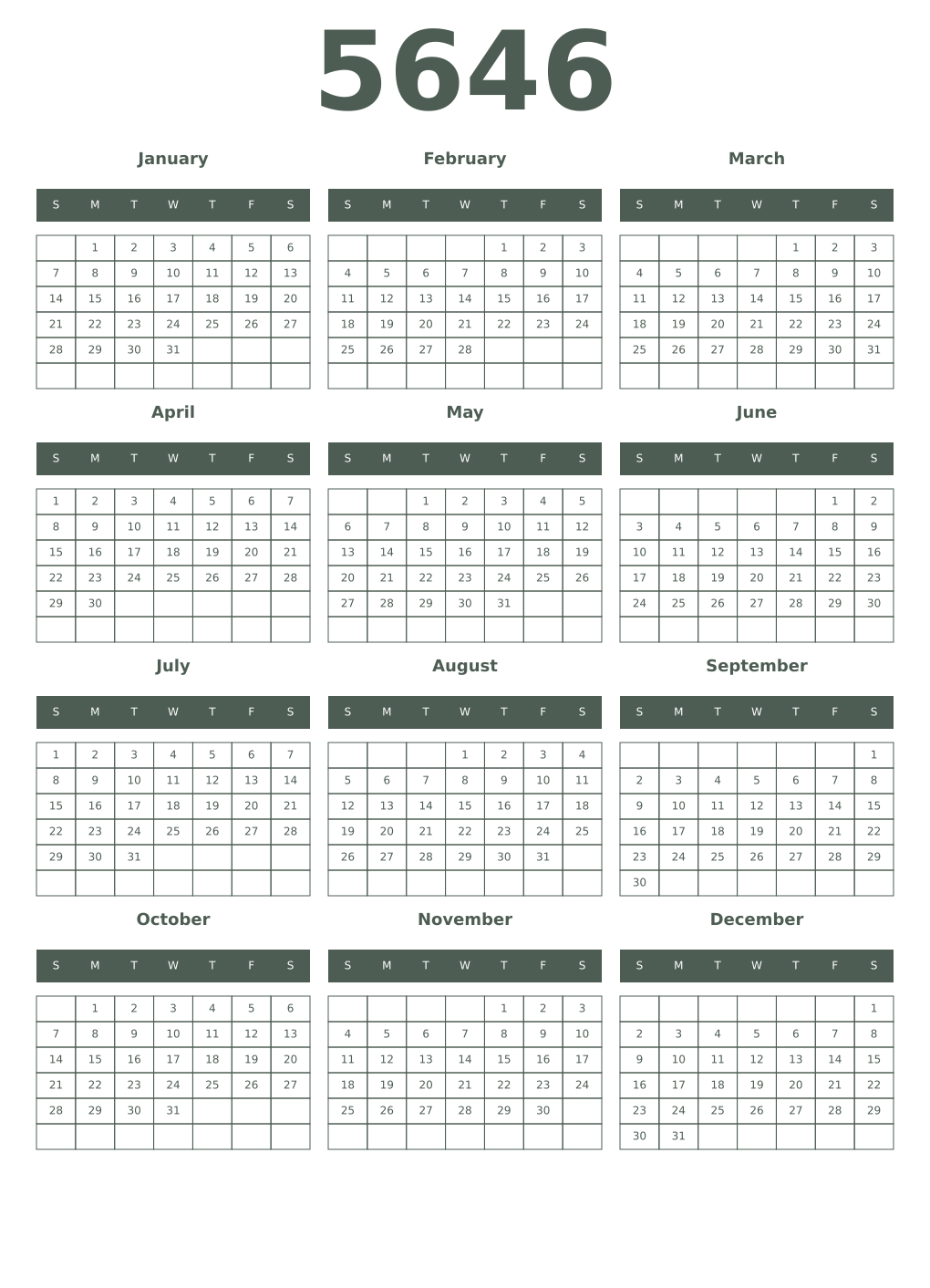 Printable 5646 Year Calendars feldgrau