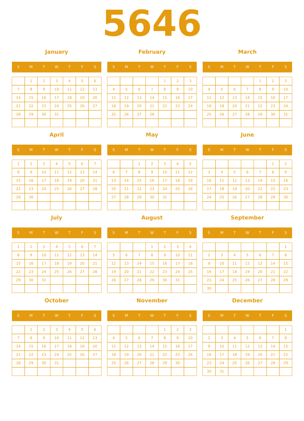 Printable 5646 Year Calendars gamboge