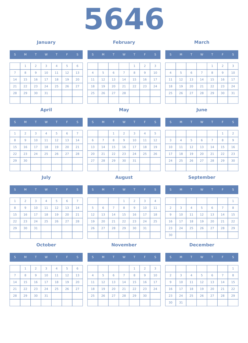 Printable 5646 Year Calendars glaucous
