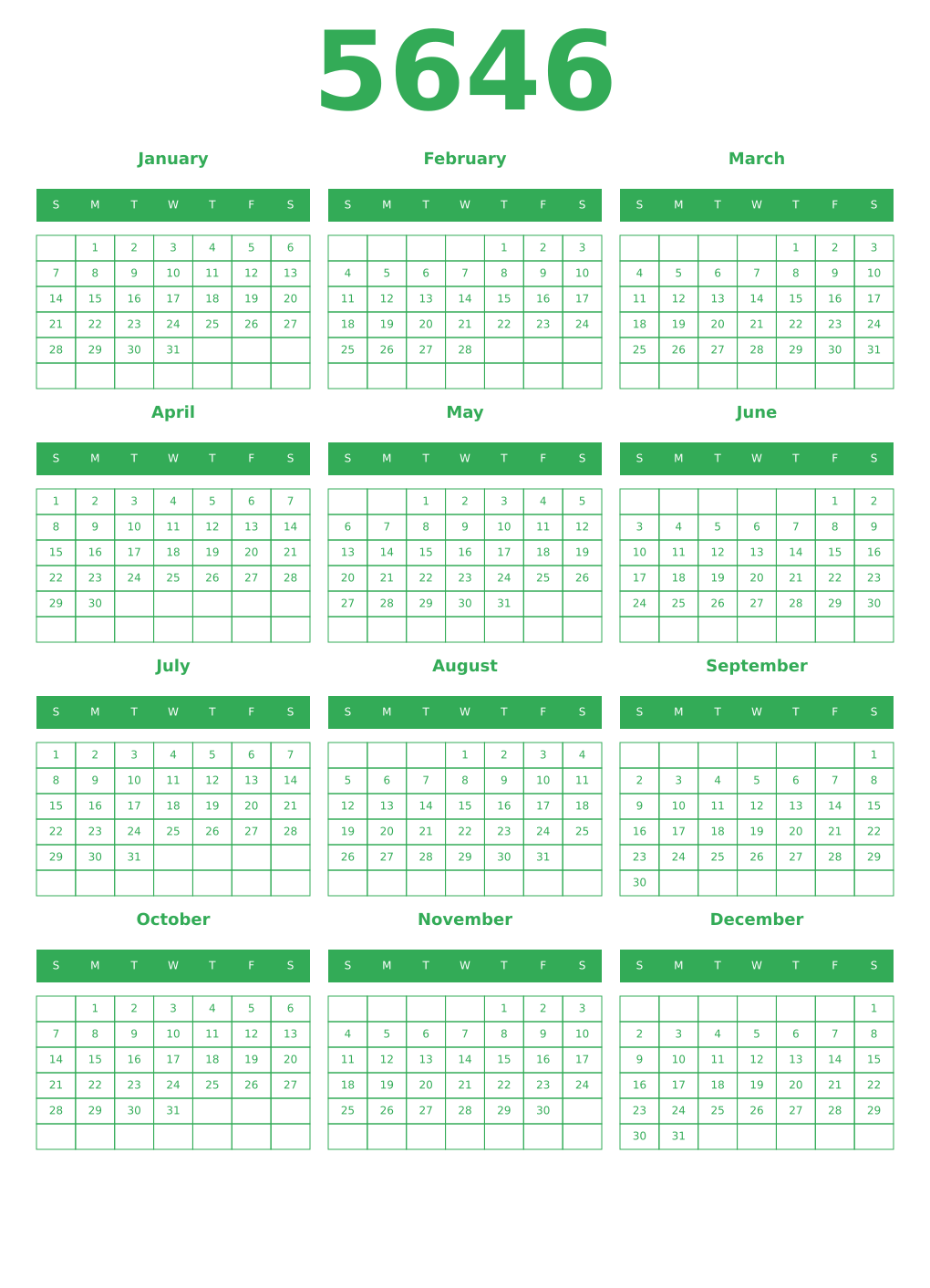 Printable 5646 Year Calendars green
