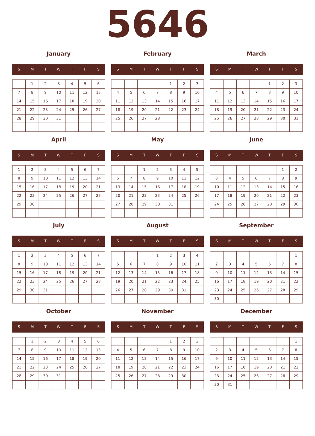 Printable 5646 Year Calendars mortuum