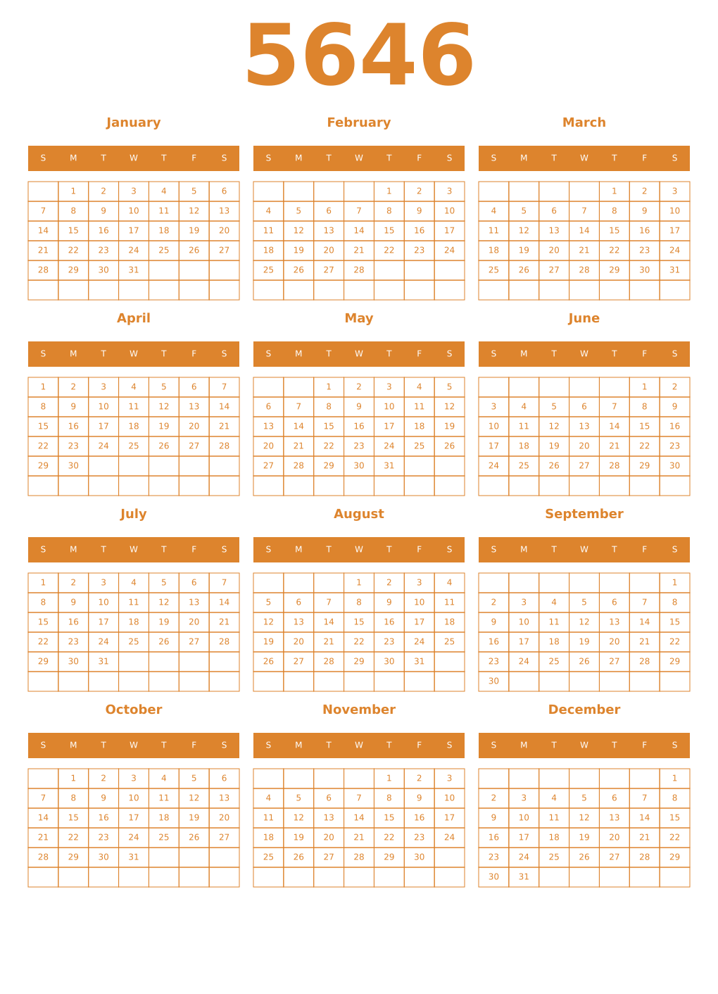 Printable 5646 Year Calendars orange