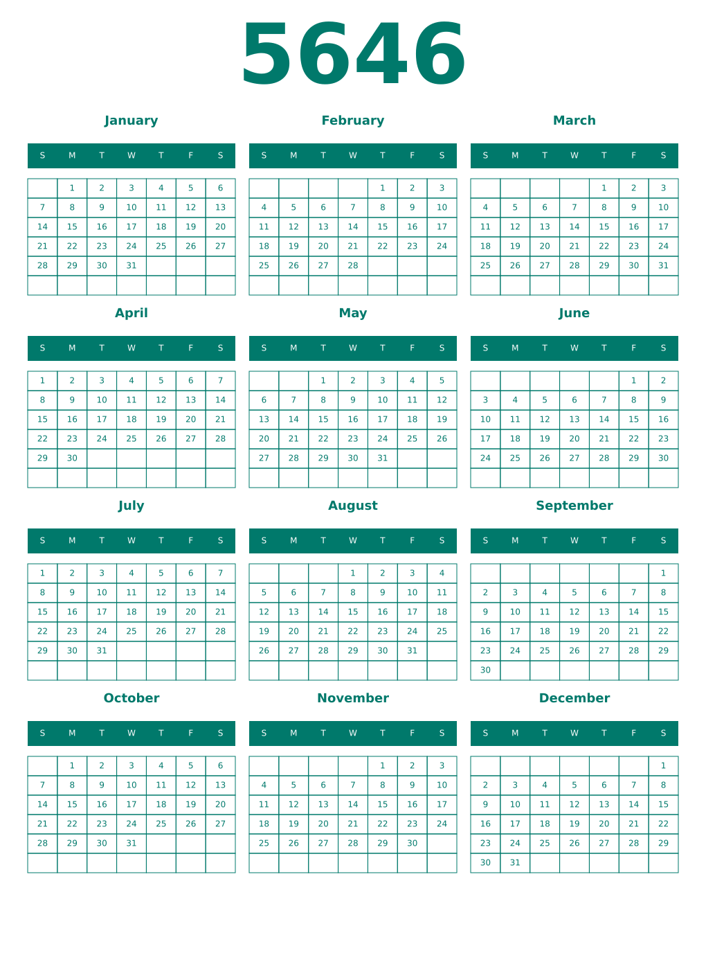 Printable 5646 Year Calendars pastel