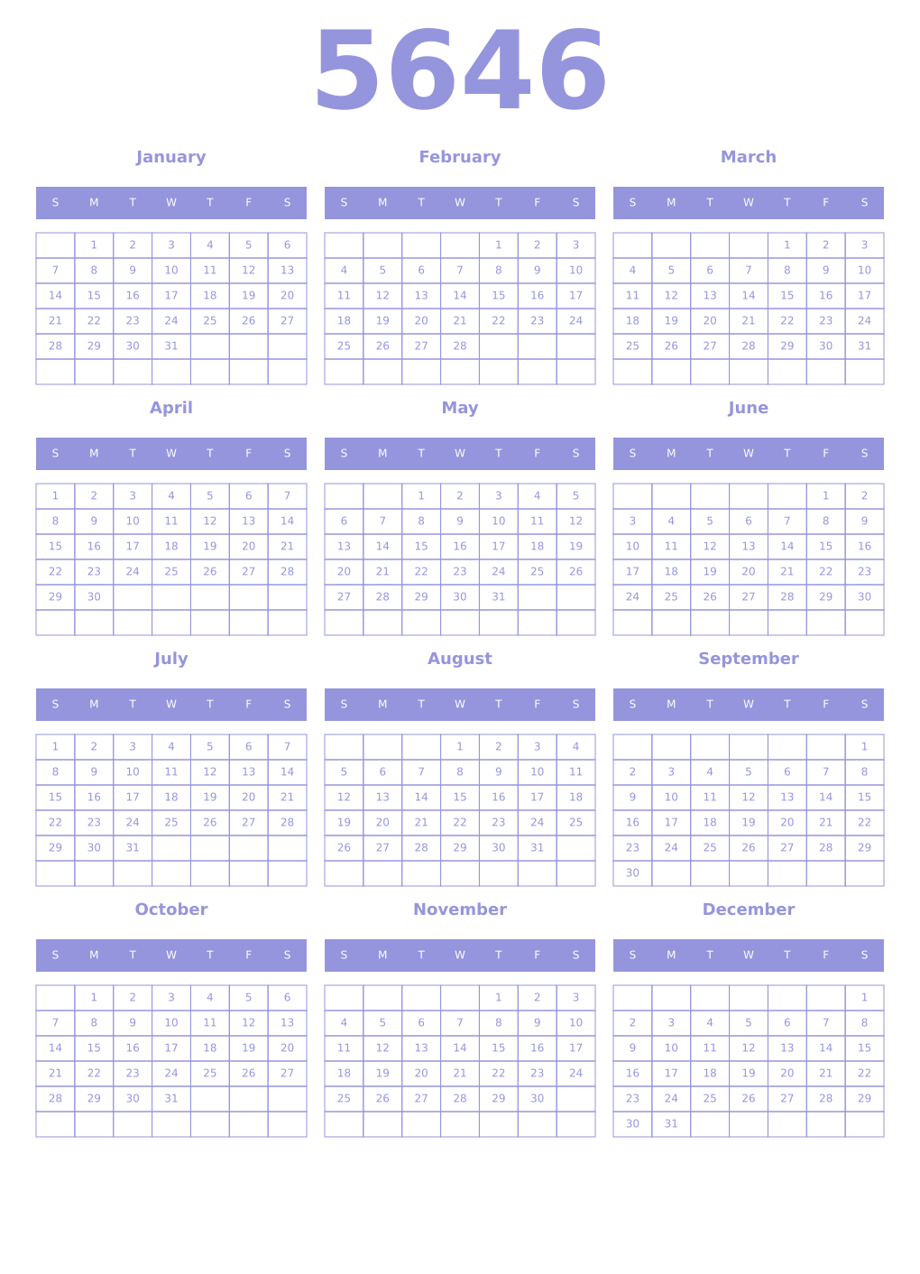 Printable 5646 Year Calendars periwinkle
