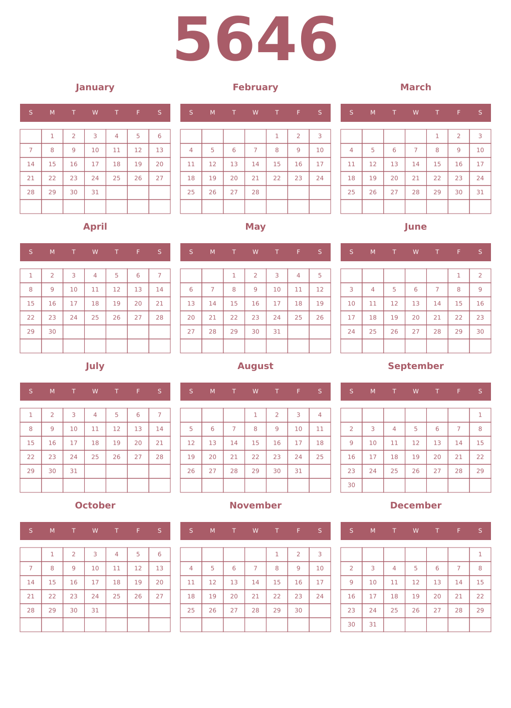 Printable 5646 Year Calendars puce
