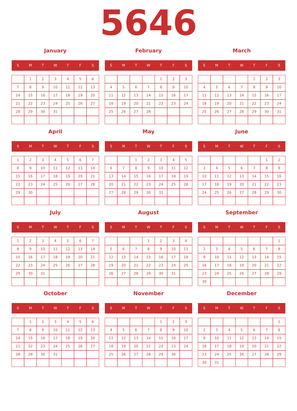 Printable 5646 Year Calendars red