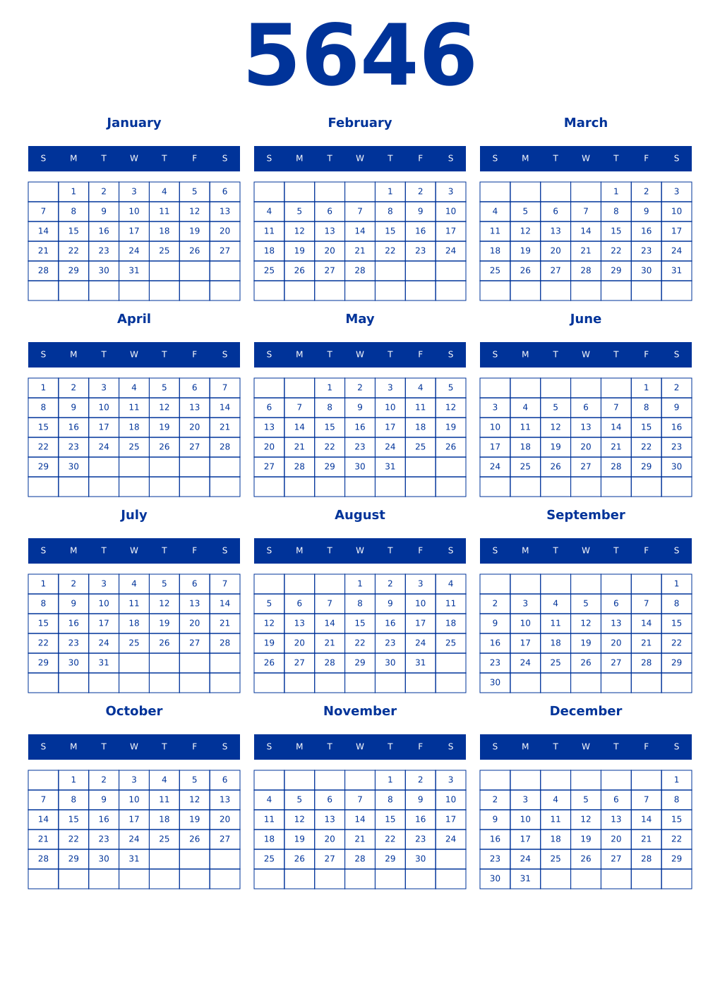 Printable 5646 Year Calendars smalt