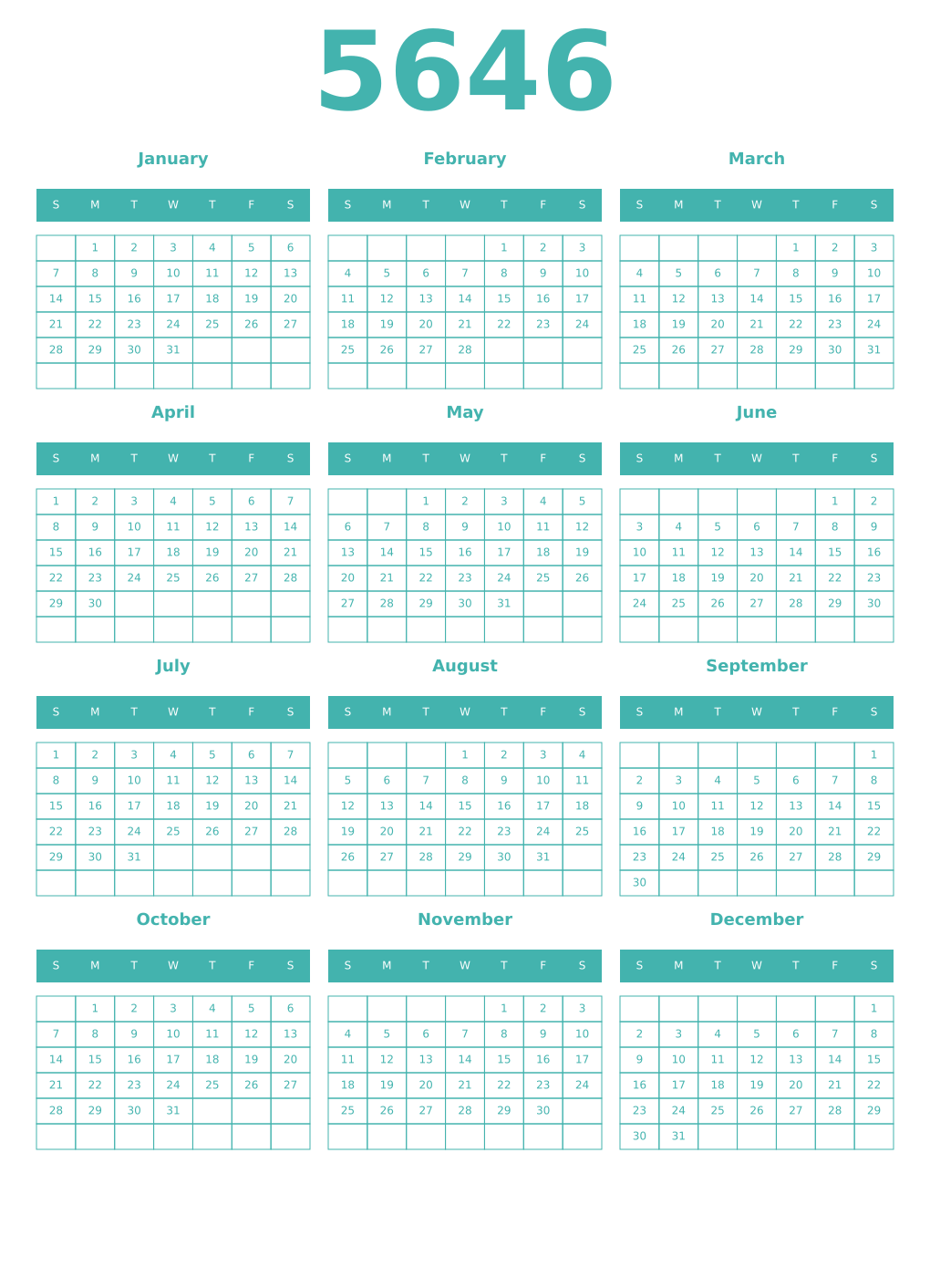 Printable 5646 Year Calendars verdigris