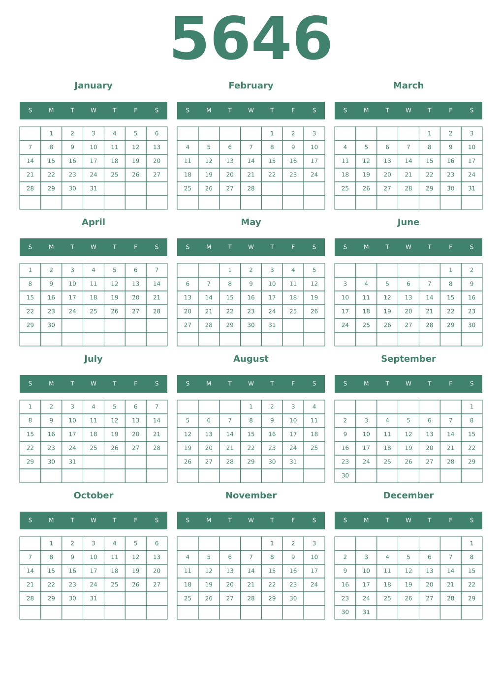 Printable 5646 Year Calendars viridian