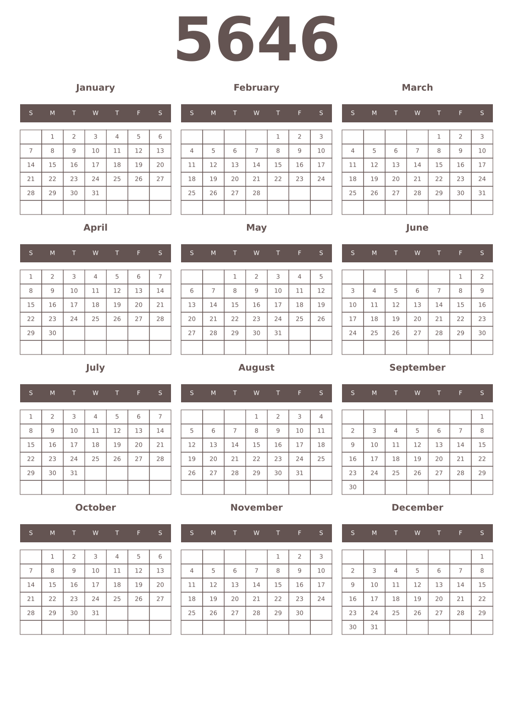 Printable 5646 Year Calendars wenge