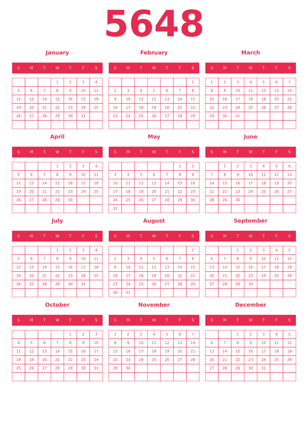 Printable 5648 Year Calendars amaranth