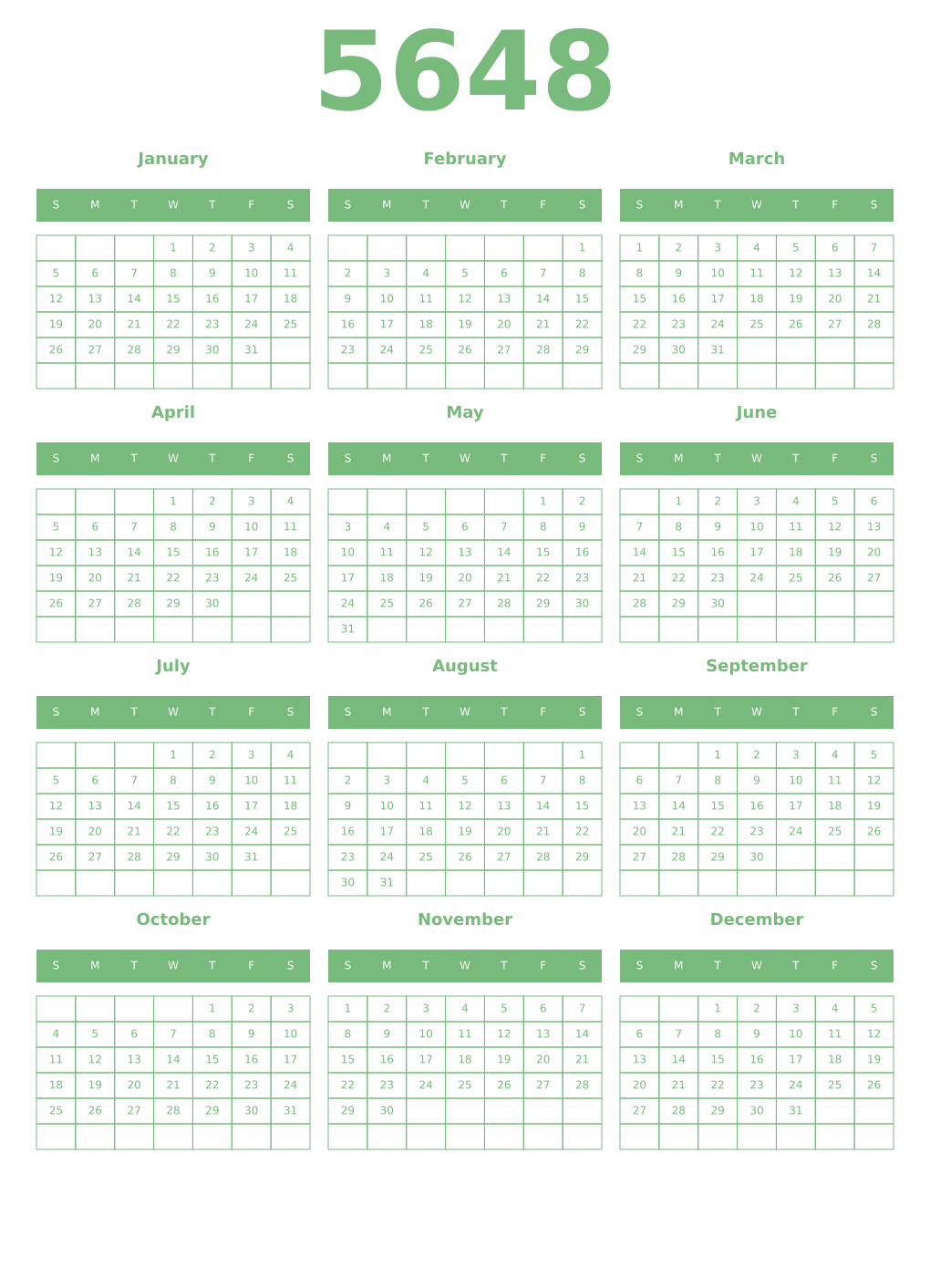 Printable 5648 Year Calendars celadon