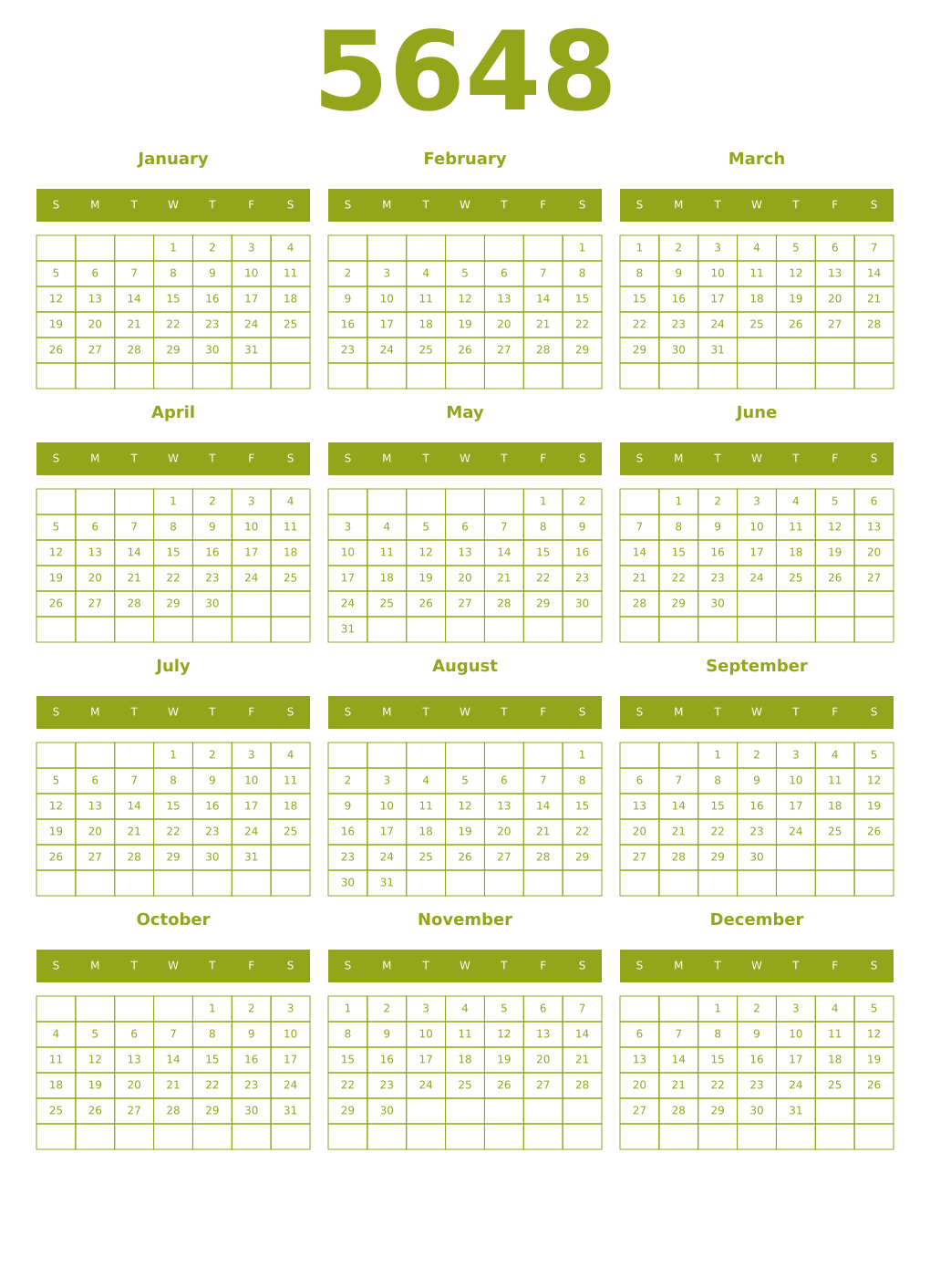 Printable 5648 Year Calendars chartreuse