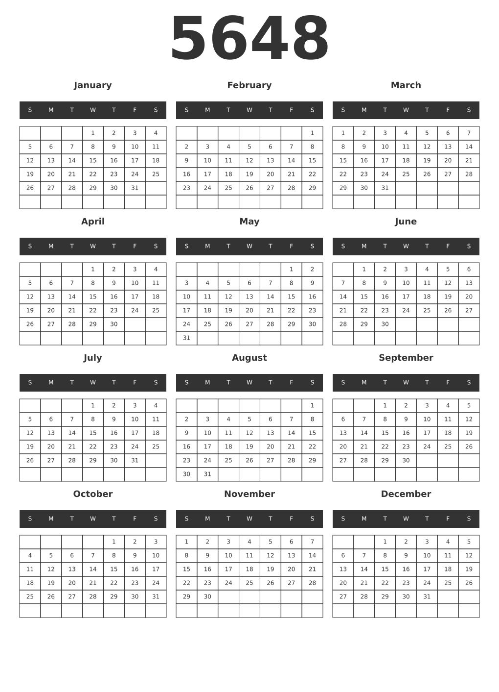 Printable 5648 Year Calendars dark