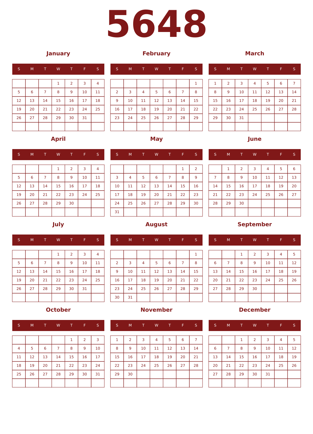 Printable 5648 Year Calendars falu