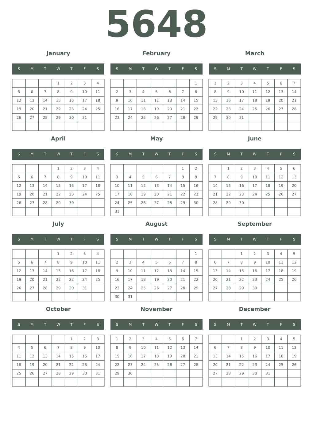 Printable 5648 Year Calendars feldgrau