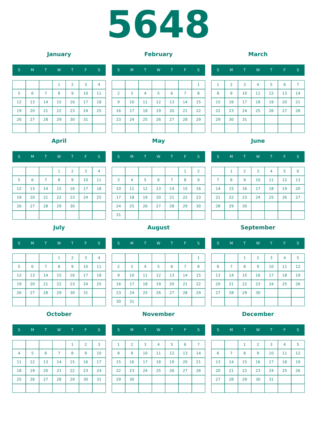 Printable 5648 Year Calendars pastel