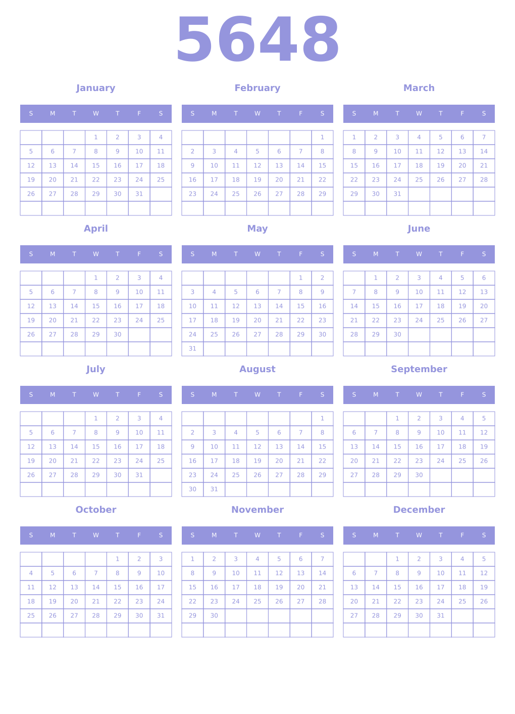 Printable 5648 Year Calendars periwinkle