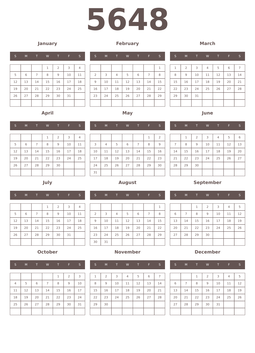 Printable 5648 Year Calendars wenge