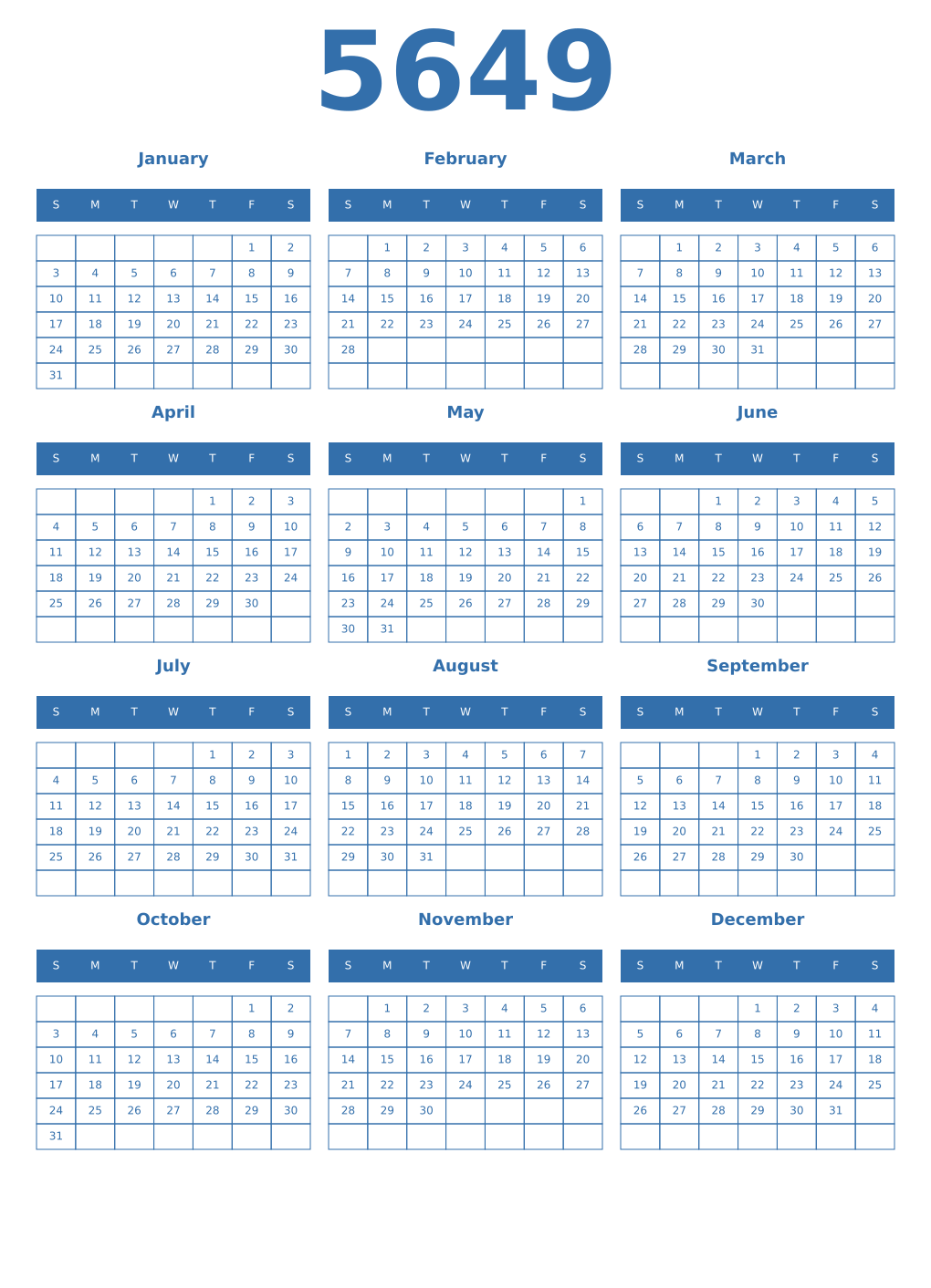 Printable 5649 Year Calendars blue