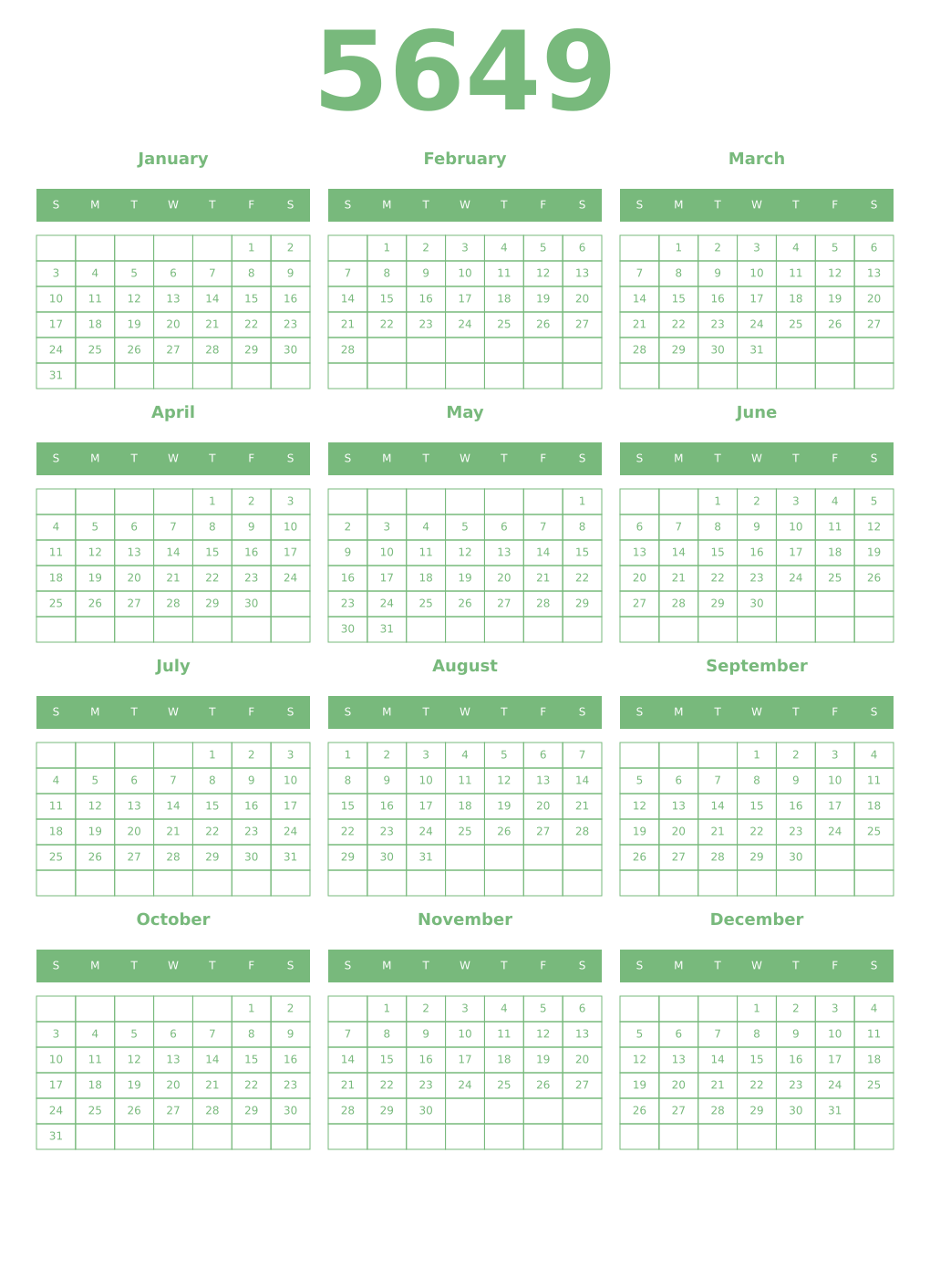 Printable 5649 Year Calendars celadon