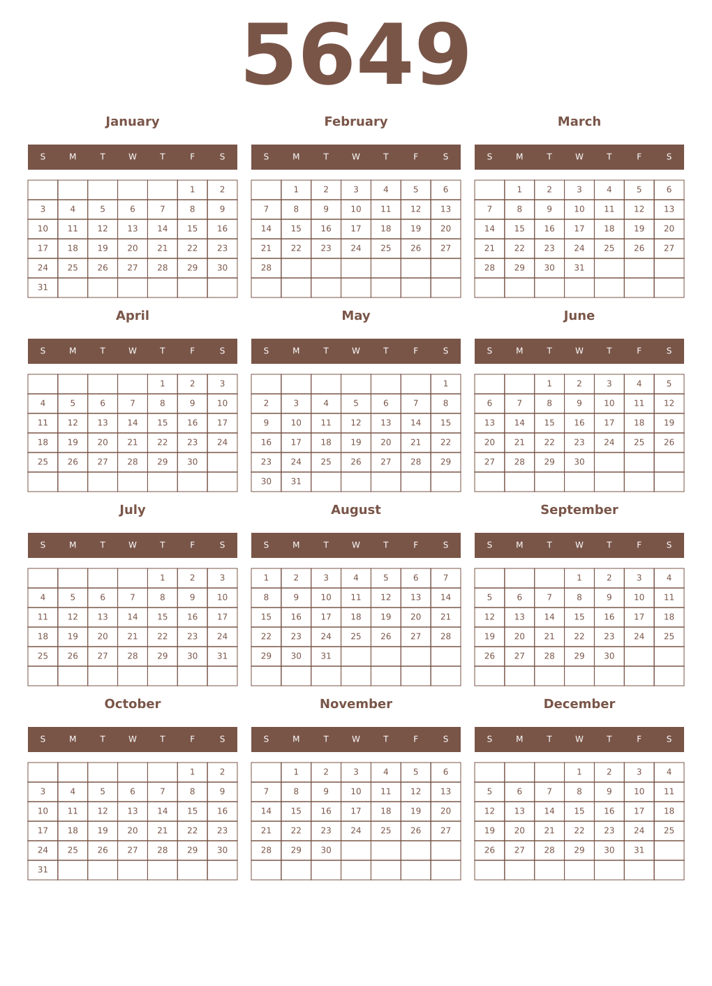 Printable 5649 Year Calendars coffe