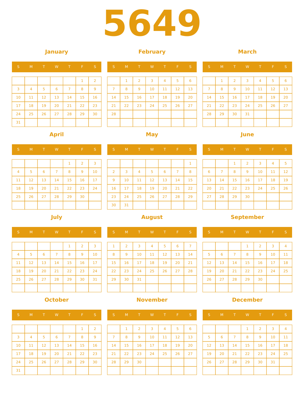 Printable 5649 Year Calendars gamboge