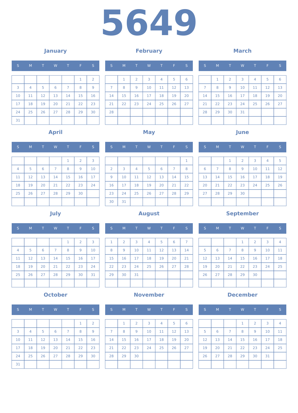Printable 5649 Year Calendars glaucous