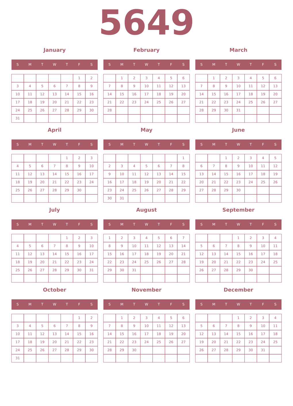 Printable 5649 Year Calendars puce