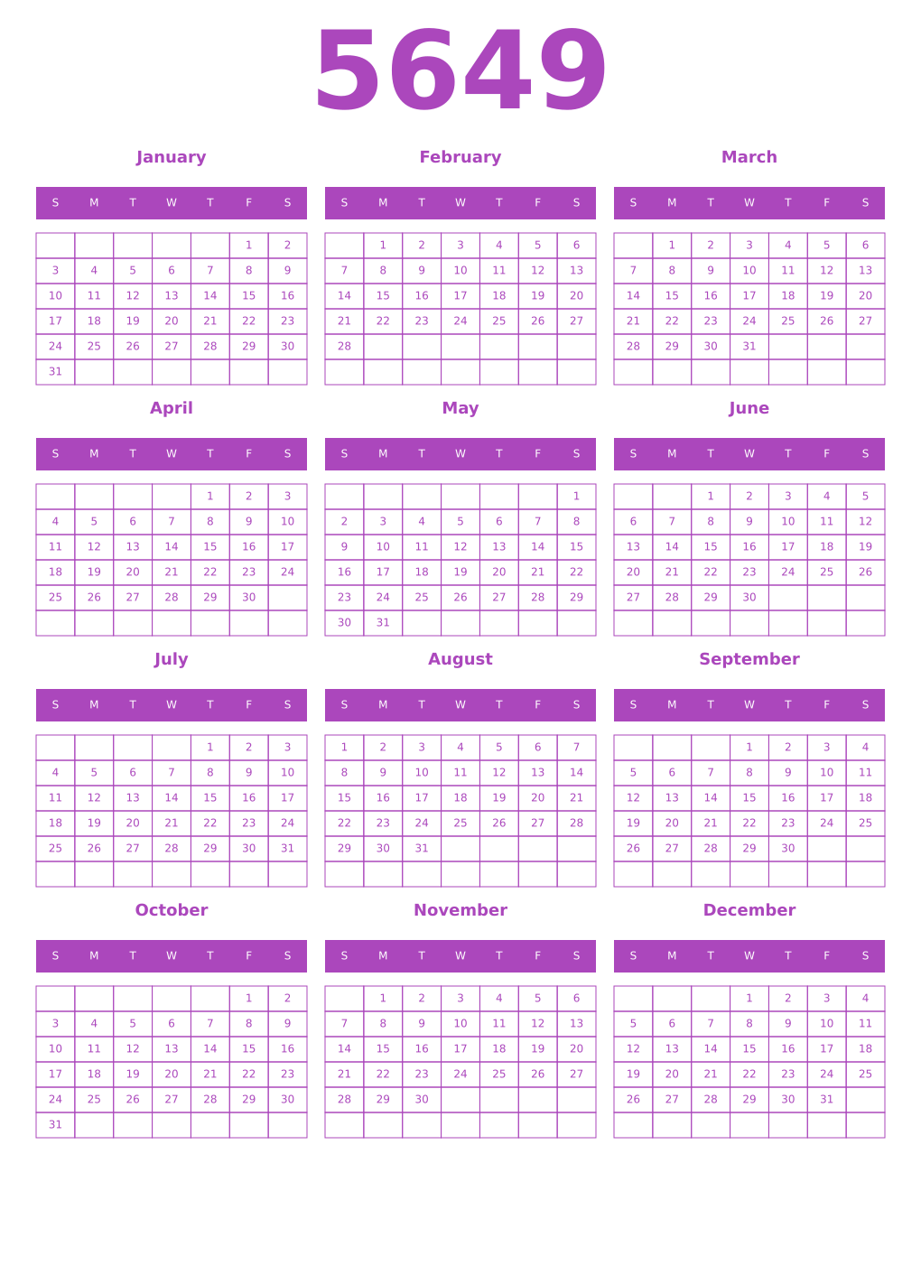 Printable 5649 Year Calendars purple