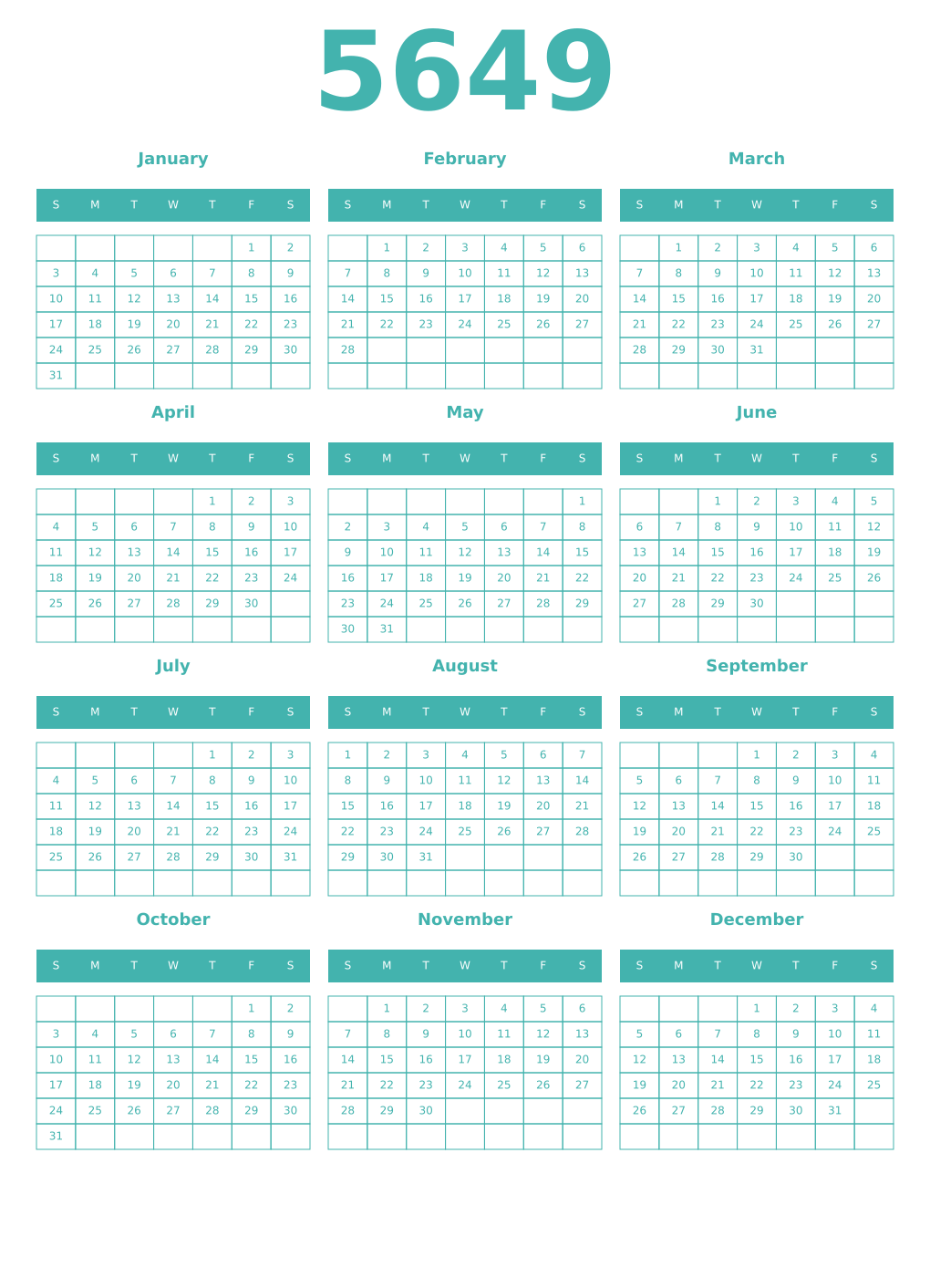 Printable 5649 Year Calendars verdigris