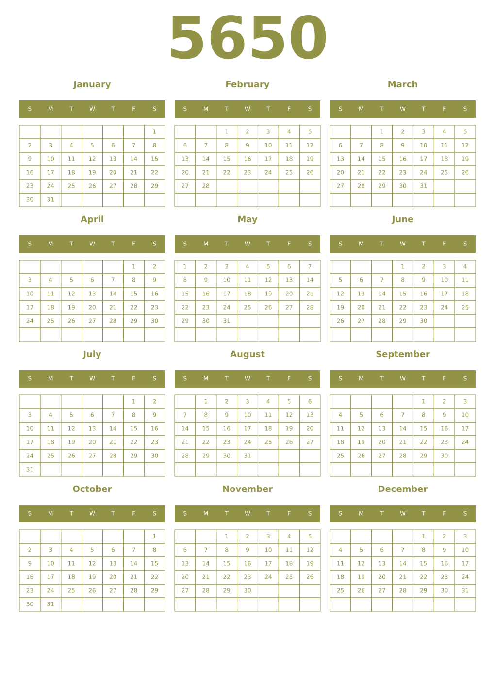 Printable 5650 Year Calendars eburnean