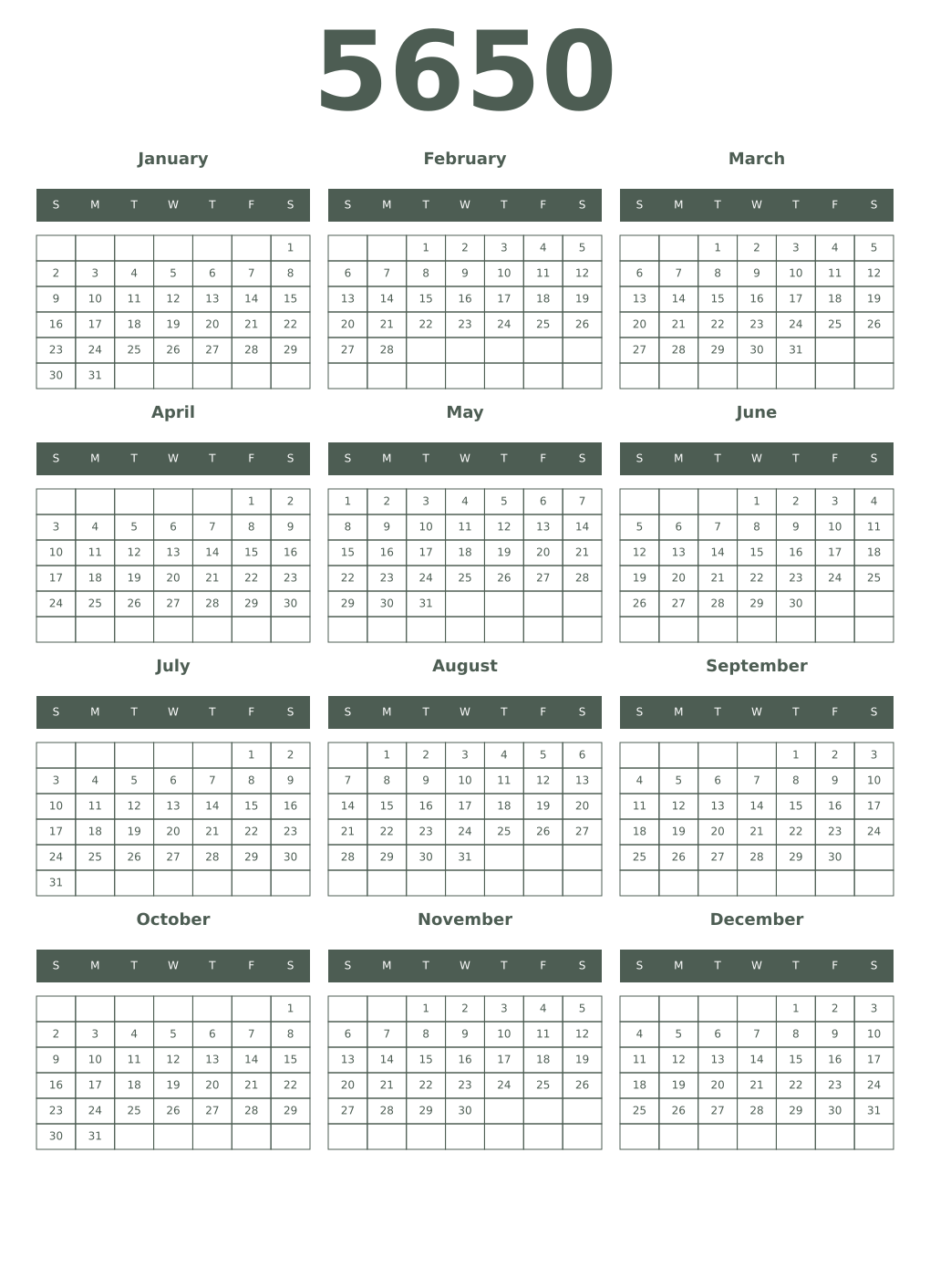 Printable 5650 Year Calendars feldgrau