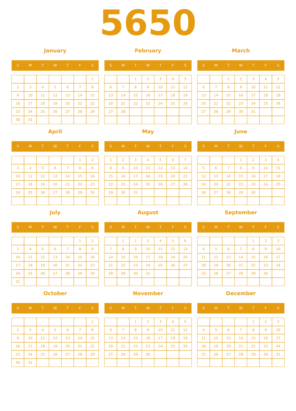 Printable 5650 Year Calendars gamboge