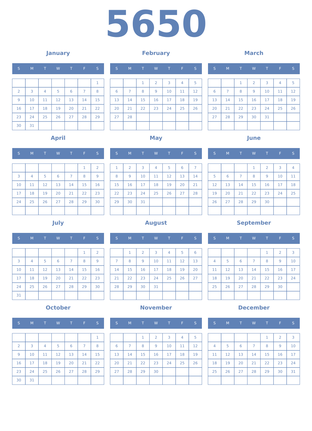 Printable 5650 Year Calendars glaucous