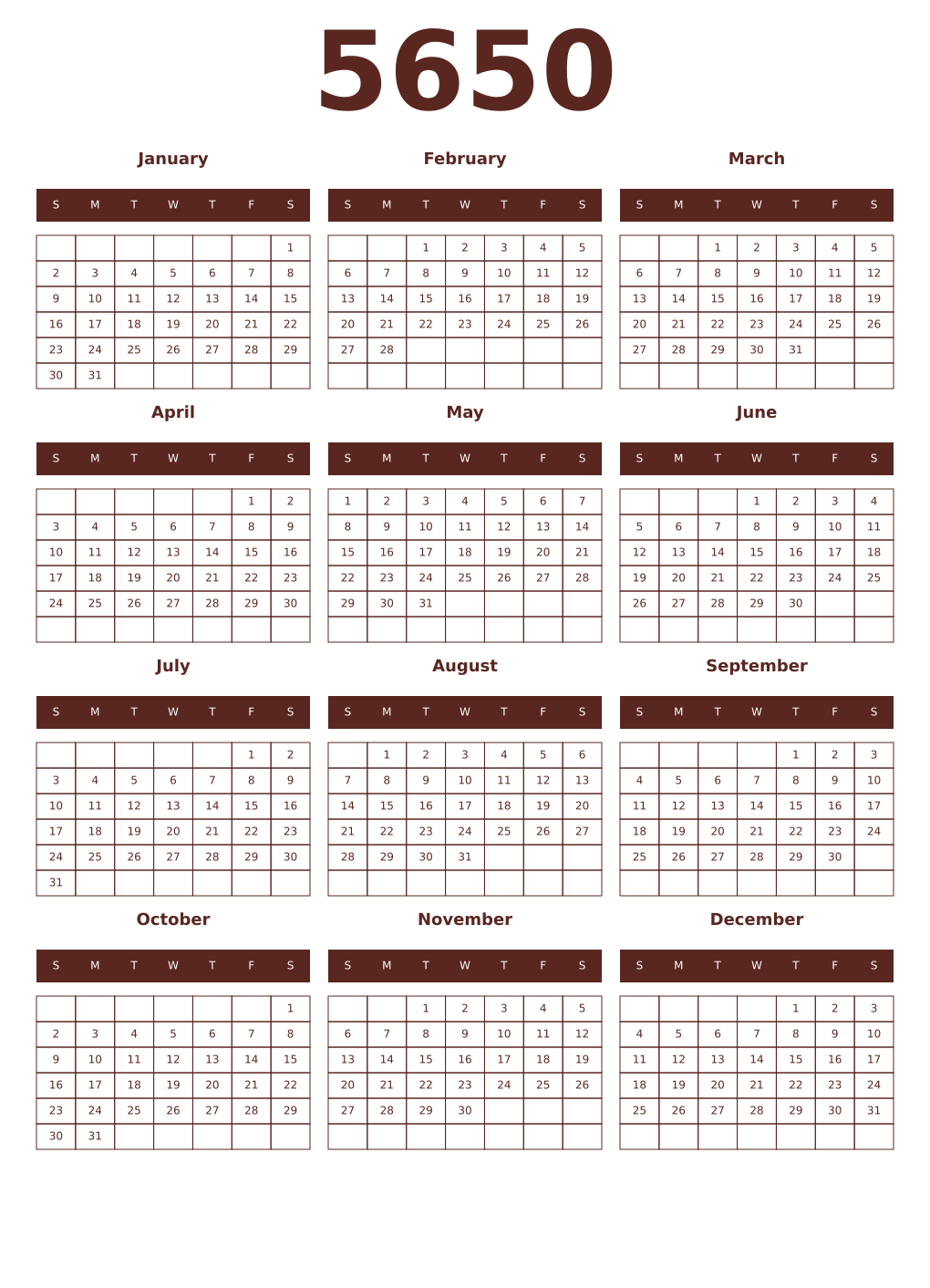 Printable 5650 Year Calendars mortuum