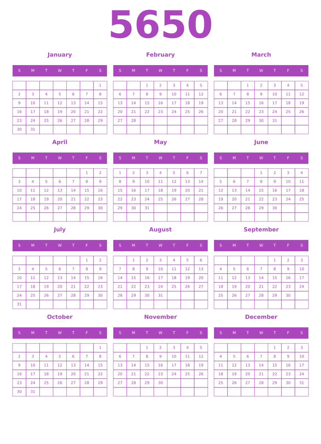 Printable 5650 Year Calendars purple