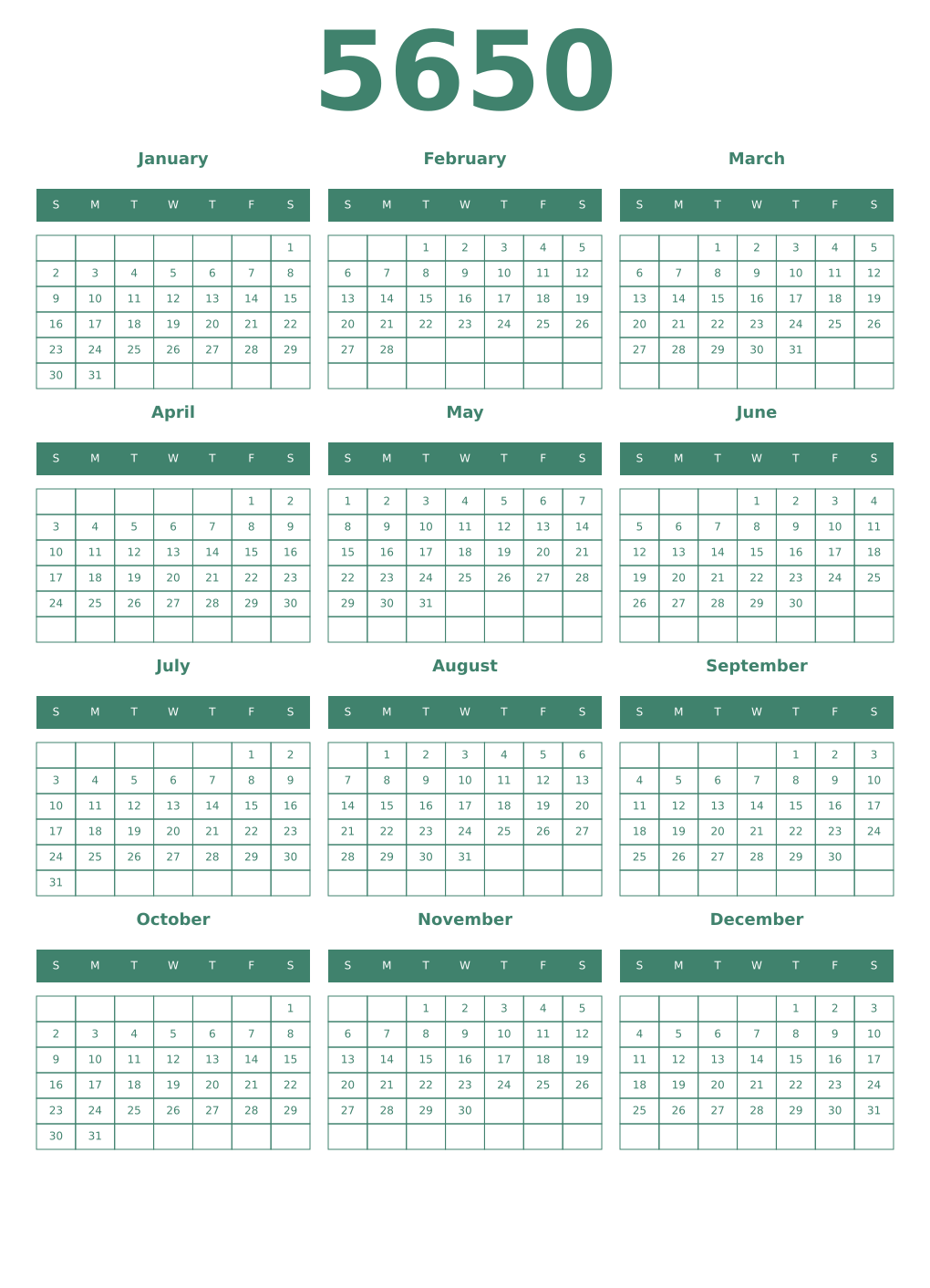 Printable 5650 Year Calendars viridian