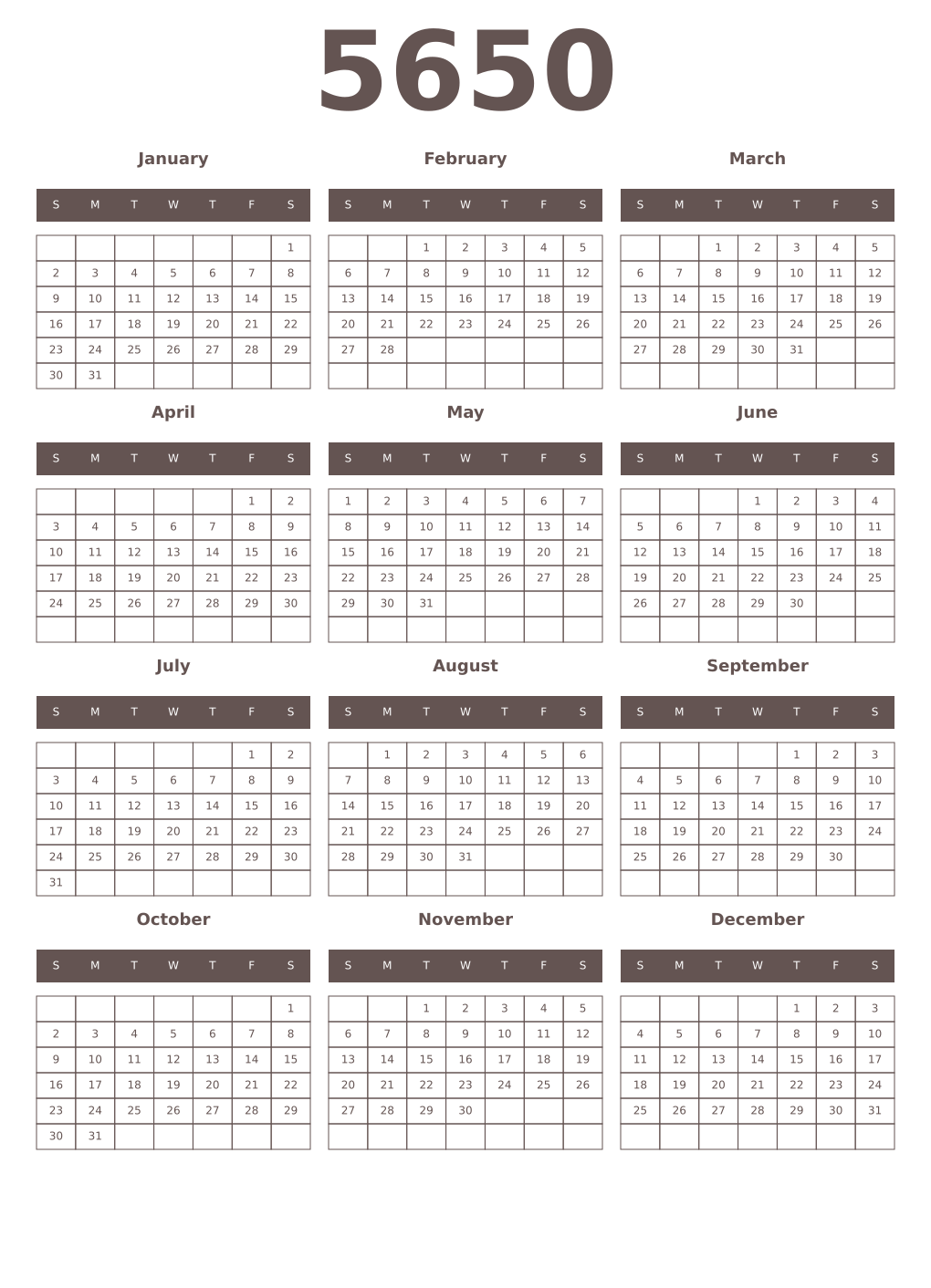 Printable 5650 Year Calendars wenge