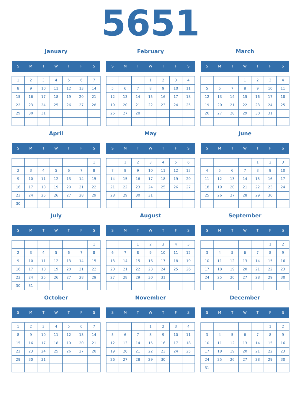 Printable 5651 Year Calendars blue