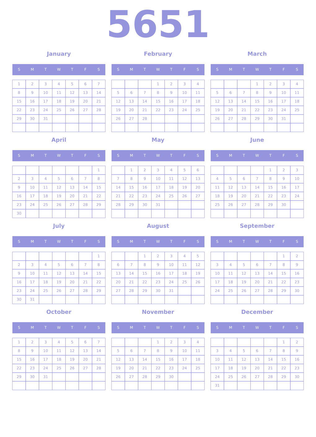 Printable 5651 Year Calendars periwinkle