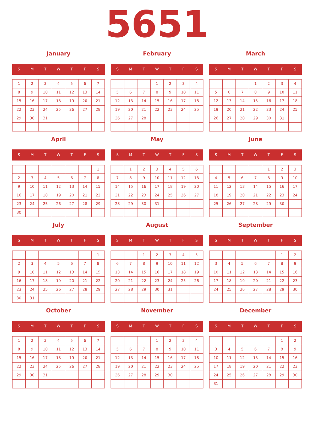 Printable 5651 Year Calendars red